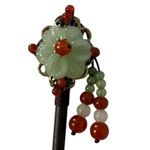 GREEN AND RED FLOWER GLASS ART HAIR PIN CHOPSTICK HAIR ACCESSORY